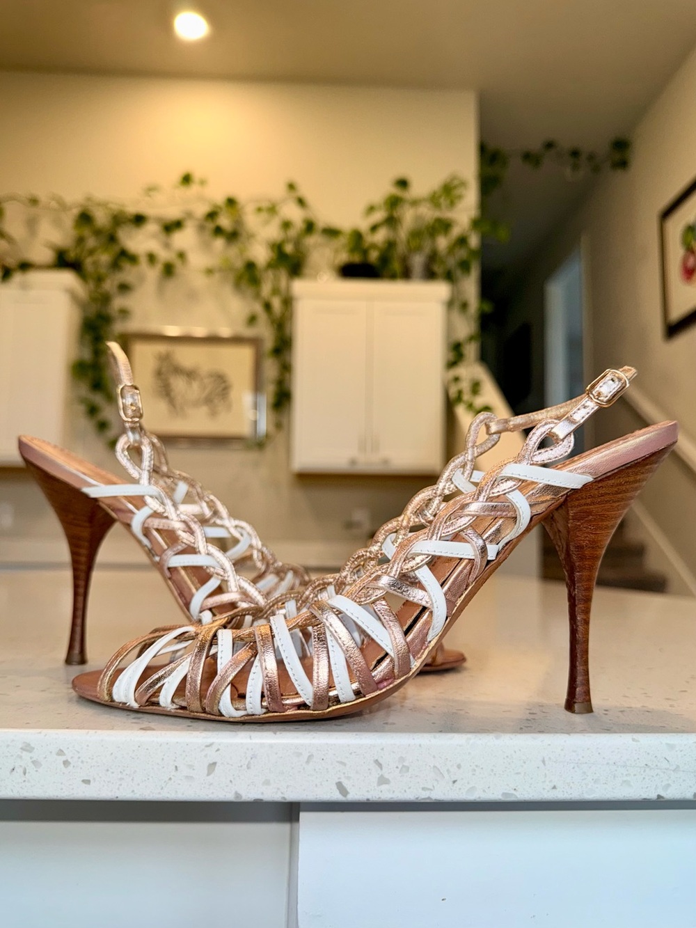 Casadei Rose Gold and White Woven Strappy High Heel Sandals